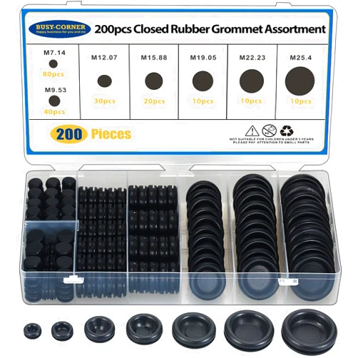 BUSY-CORNER 200 PCS 7 Sizes Rubber Grommet Assortment Firewall Solid Closed Hole Plug for Wire Electrical Appliance Plumbing