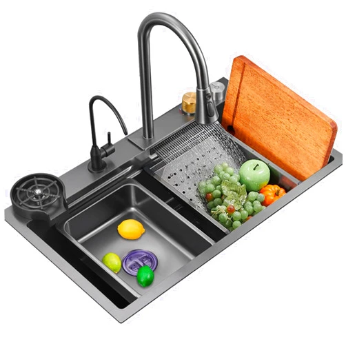 Meng Wei home Black Sink with Waterfall Faucet Stainless Steel Sink Kitchen Sink with Cup Washer Black Faucet Large Capacity Sink Complete Accessories (Size : 80x45x22cm)
