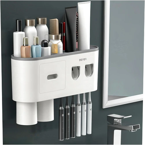 SVKCO Toothbrush Holders, Bathroom Shelf, No-Drill Wall Mounted Toothbrush Holder with 2 Automatic Toothpaste Dispensers 6 Brush Hooks 2 Magnetic Cups 1 Cosmetic Drawer Organizer and 1 Large Storage