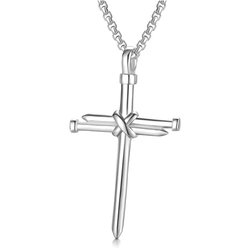 AZFVBQL Nail Cross Pendant Necklace for Men's Women Stainless Steel Chain Black Gold Silver