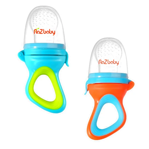 RaZbaby Baby Solids/Frozen Fruit Feeder Pacifier, Infant Teether Toy 6M+, BPA-Free, Safely Introduce Solids, Natural Teething Relief, Dishwasher Safe, Freezable – Blue & Orange 2-Pack