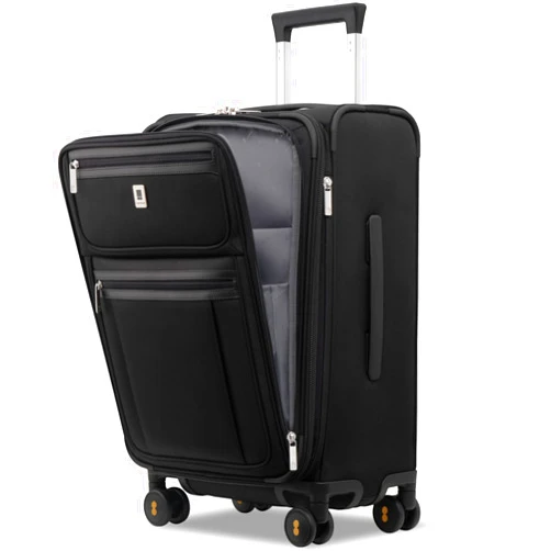 LEVEL8 Carry On Luggage Airline Approved with Compartment, Softside Expandable Rolling Suitcase with Spinner Wheels, Black, Carry-On 20-Inch