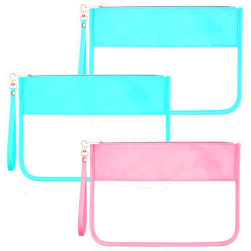 Sanwuta 3 Pcs Preppy Makeup Bag Clear Zipper Pouches for Travel Clear PVC Flat Pouch Nylon Makeup Bags Cosmetic Travel Toiletry for Women Girls(Pink, Green, Blue)
