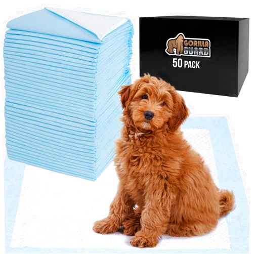 Gorilla Grip Gorilla Guard Absorbent and Leak Proof Disposable Puppy Pads for Dogs, 50 Pack, 5 Layer Pee Pad, 6.7 Cup Absorbency for Doggy Potty Training, Quick Dry Odorless Housebreaking Supplies, 22x22 in