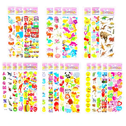 FNGEEN Puffy Stickers for Kids Toddlers, Small 3D Sticker Variety Pack, Kid Stickers Sheets Bulk, Mini Party Favor for Kids Boy (Dinosaur Car Animal Dog Flower Heart Number Food Truck) 24 Sheets