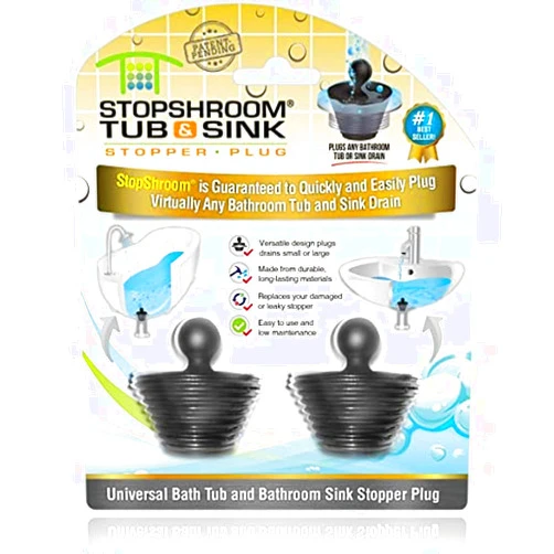 StopShroom Tub 2 Pack Universal Stopper for Bathtub and Bathroom Sink Drains, Black Plug 2pk, 2 Count