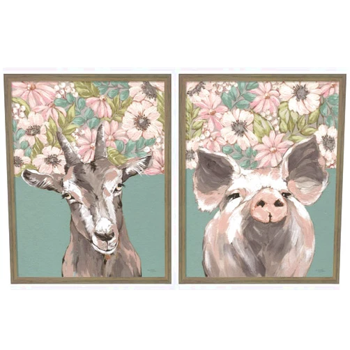 Great Art Gertie the Goat & Patrice the Pig by Michele Norman, 2 Piece Rustic Gray Framed Art Set, 17 X 21 Inches Each, Floral Animal Art