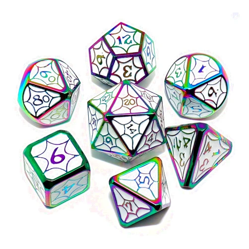 CREEBUY Polyhedral DND Dice White Alloy Dice with Colorful Dice Border for Dungeon and Dragons Pathfinder Role Playing Dice Petal Pattern Game Dice Set