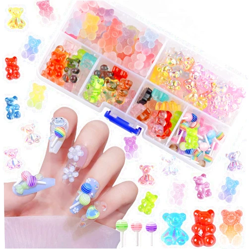 EditTime 120PCS Kawaii Colorful Resin Acrylic 3D Candy Bear Nail Art Charms for Nail DIY Crafting Scrapbook Accessories (Multicolor3)