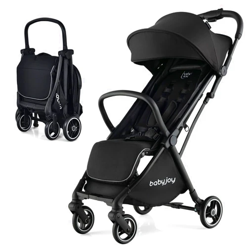 BABY JOY Lightweight Baby Stroller, Compact Travel Stroller for Airplane, Infant Toddler Stroller w/Adjustable Backrest & Canopy, Storage Basket, Self Standing Gravity Fold, Aluminium Frame (Black)