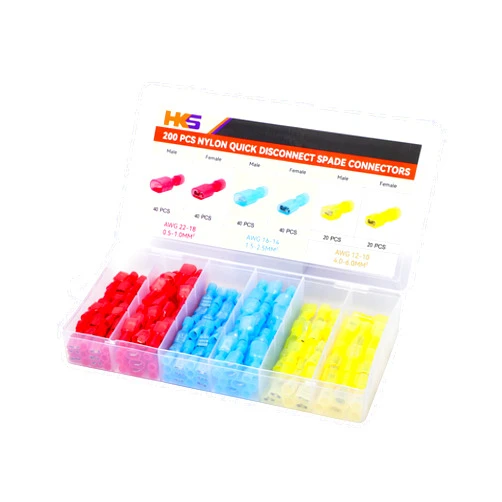 HKS 200PCS Nylon Spade Quick Disconnect Connector Kit - Male and Female Electrical Wire Connectors Kit - Tinned Copper - Cold-Pressed Wire Spade Terminal Automotive Crimp Assortment Insulated