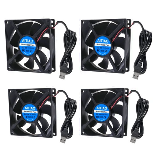 AITIAO 4Pcs 80mm USB Fan 5V DC 8025 Brushless Cooling Fans 80mmx25mm Oil Bearing Fan for 3D Printer Computer Case Fan CPU Coolers DIY Cooling Ventilation Projects