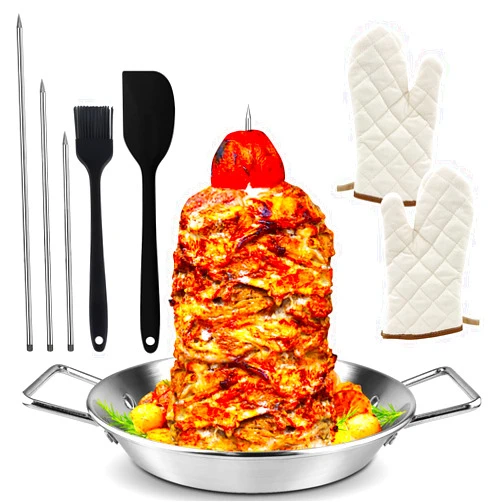 Vbeca Al Pastor Skewer for Grill -Vertical Barbecue Stand Al Pastor, Kebabs, Shawarma, Gyros, with 10.5 inch base plate and 3 detachable sharp barbecue accessories (8”/10