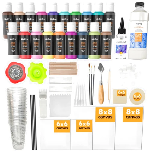 Nicpro Acrylic Pouring Kit, Artist Starter Supplies Including 19 Colors Acrylic Paints,Pouring Medium, Silicone Oil, Canvases, Gloves, Strainers, Mixing Stick, Instructions for Flow DIY Painting