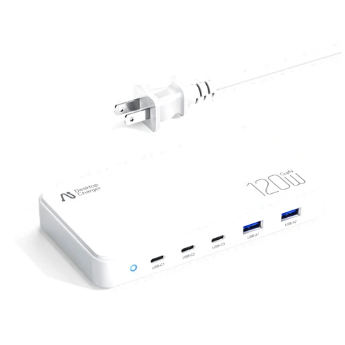 Aergiatech PD 3.1 Slim Laptop Charger 100W Max, 5 Ports Multiple USB C and USB A Charging Station for Travel. Portable Gan 3.1 Charger Hub for MacBook Air, Galaxy S22/S20, iPhone 15/14/Pro, and More - White