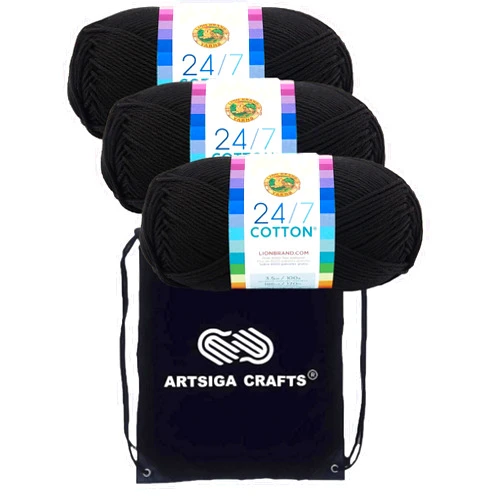Lion Brand Yarn Lion Brand 24/7 Cotton Black 761-153 (3-Skeins - Same Dye Lot) Worsted Medium #4 Cotton Yarn for Crocheting and Knitting with Project Bag