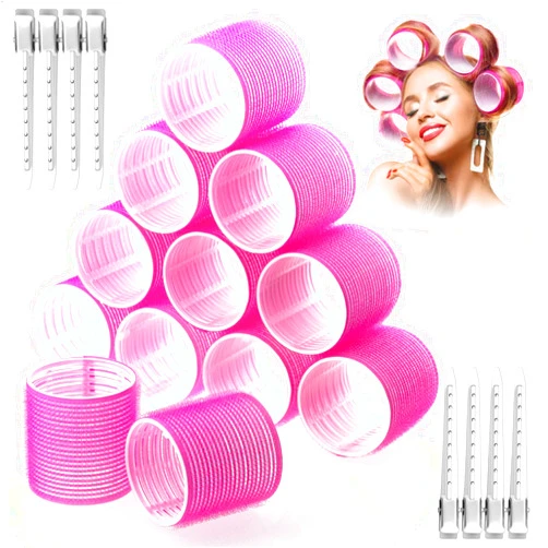 Acejoz Jumbo Hair Curlers Self-Grip Rollers, 60mm Large Rollers with Clips for Long, Thick Straight Hair (Rose Red) - Hair Curlers Rollers