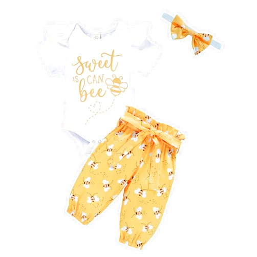 GRNSHTS Infant Baby Girl Bumble Bee Clothes Letter Print Romper Honey Bees Pants Bowknot Headband Outfits Set