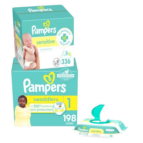 Pampers Swaddlers Disposable Baby Diapers Size 1, One Month Supply (198 Count) with Sensitive Water Based Baby Wipes 6X Pop-Top Packs (336 Count)