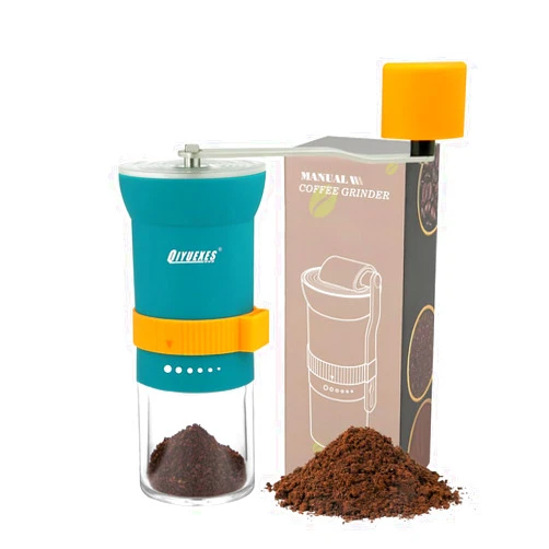 QIYUEXES Portable Manual Coffee Grinder with Conical Burr and Adjustable 6 Coarseness Settings, Hand Crank Bean Mill for Home, Camping, and Travel Use