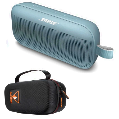 Bose SoundLink Flex Bluetooth Speaker, Portable Speaker with Microphone, Wireless Waterproof Speaker for Travel, Outdoor and Pool Use with Slinger Hard Travel Case & USB Plug (Stone Blue)