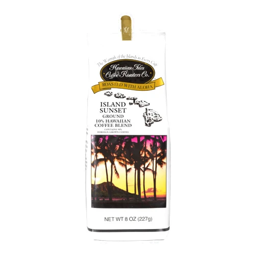 HAWAIIAN ISLES COFFEE ROASTERS CO. Hawaiian Isles Coffee Island Sunset, Dark Roast Ground Coffee,10% Hawaiian Coffee Blend, Roasted with Aloha - 8 Ounce Bag