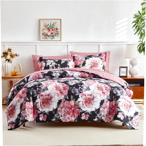 Joyreap 7 Piece Bed in a Bag Queen, Floral Comforter Sheet Set, Tie-dye Pink Flowers on Black Design, All Season Microfiber Bedding Comforter Set