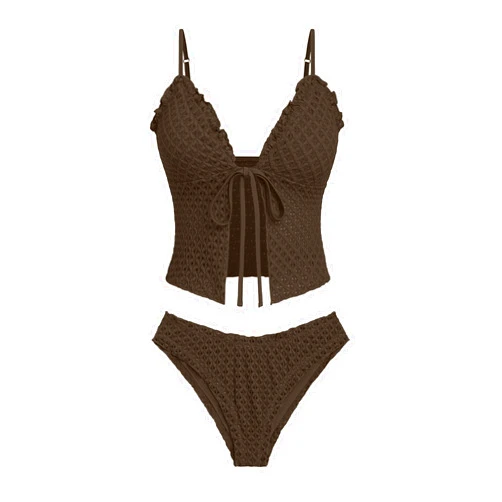 seamoly Women's Tankini Sets Tie Front Ruffle Bikini Set High Cut Thong Two Piece Swimsuit Floral Gingham Bathing Suit