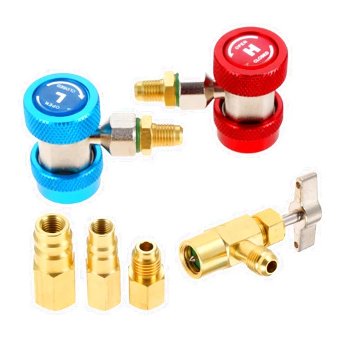 Gohantee R134A AC Adjustable Quick Coupler Adapter High Low Kit with R134A Piercing Can Tap Valve, R134A Tank Adapter, 2Pcs R12 R22 R502 to R134a Conversion Adapter for 1/4