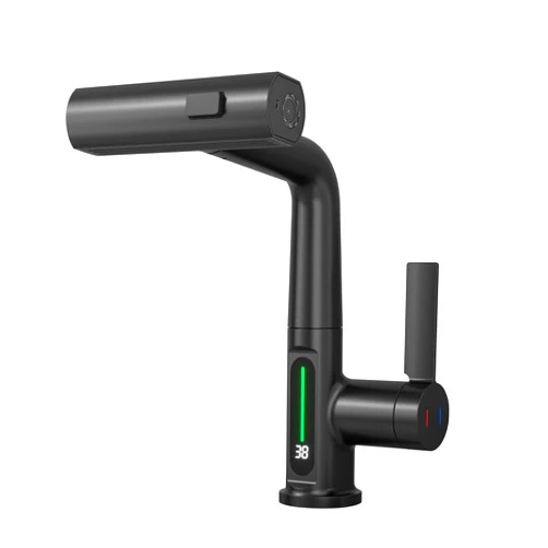 Homili Modern Digital Bathroom Sink Faucet Single Handle Pull-Down Kitchen Sink Faucet,with Pull-Down Spray,ThreeWater Outlet Modes (Matte Black)