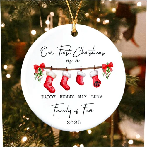 Custom Christmas Tree Decoration, Personalized First Christmas As A Family of Four Ornament, Pet Lover Keepsake, Family with Pet Xmas Keepsake, Xmas Gift for New Mom and Dad