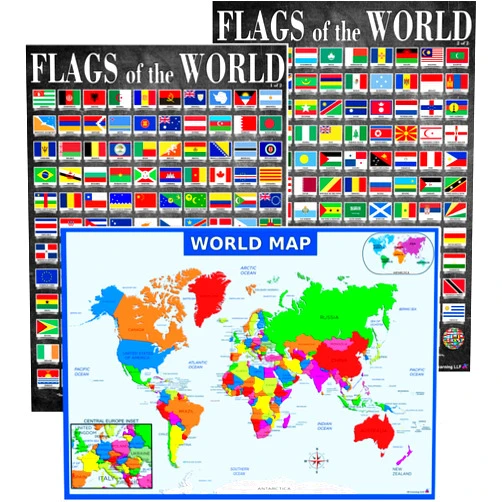 3D Learning LLF World Map and Flags Posters- Laminated 14x19.5” Educational Charts - Flags of Countries and Nations, Map For Classrooms, Homeschool Decoration, Back to School Supplies, International Learning, and Teacher Supplies
