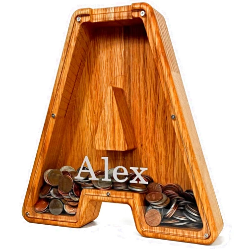 Drapela Works Personalized Wooden Letter Piggy Bank for Kids, Personalized Piggy Bank for Girls & Boys, Money Bank for Kids - Custom Piggy Bank Toys for Toddlers Banks for Kids Personalized Wooden Letter Board (A)