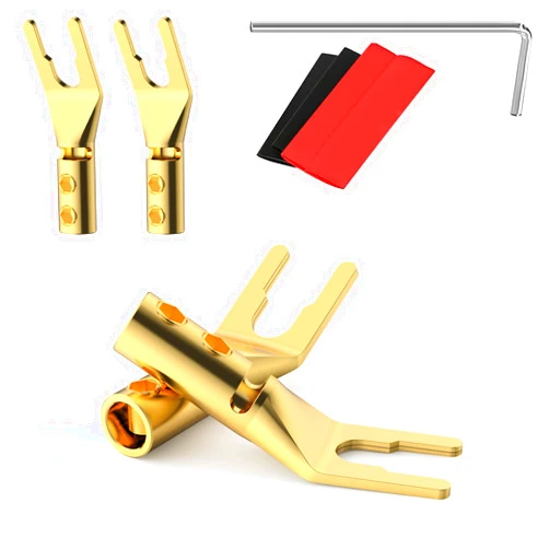 Viborg HiFi Speaker Y Spade Connectors, Dual Screw Locking Speaker Cable Plug, Fork Spade Connectors with Allen Wrench for Speaker Wire DIY 4PCS (Gold Plated with Heat Shrink Tube)