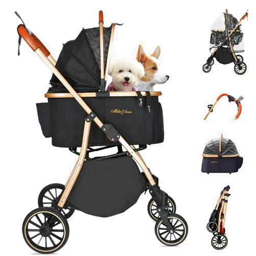 MILA&LOUIS Dog Stroller for Medium Dogs, Pet Stroller for Small Dogs with 4 Large Upgraded Wheel, Dog Strollers with Rain Cover, Cup Holder, Hook, Sturdy Puppy Stroller with Detachable Aluminum Cradle