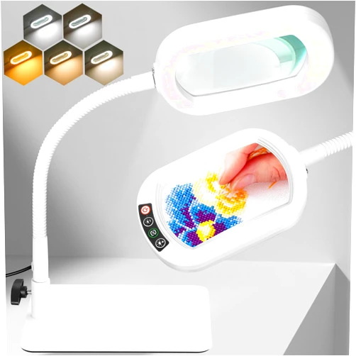 IVMAIE 10X Magnifying Glass with Light and Stand Magnifier with Light Hands Free Lighted Magnifying Desk Lamp Dimmable for Close Work Craft Read Cross Stitch Sewing Repair Hobby Rectangular White