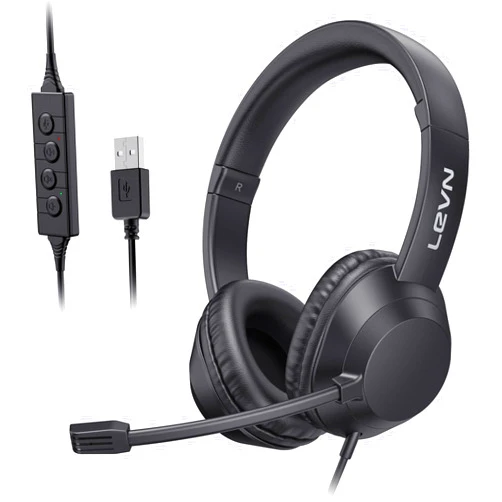 LEVN Headset with Mic, USB Headset with Microphone, Computer Headset with Noise Cancelling Microphone for Laptop PC, Mute in-line Controls, Wired Headset for Work from Home/Open Office/Call Cente