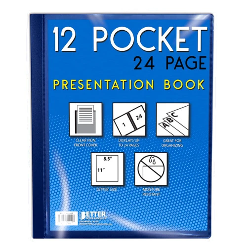 Better Office Products 12 Pocket Bound Presentation Book, Blue with Clear View Front Cover, 24 Sheet Protector Pages, 8.5