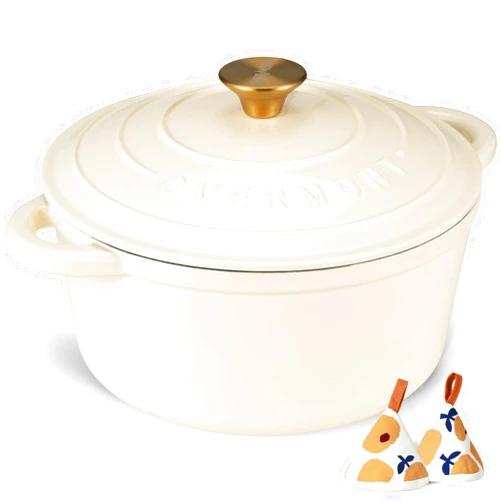 Overmont Enameled Cast Iron Dutch Oven - 5.5QT Pot with Lid Cookbook & Cotton Potholders - Heavy-Duty Cookware for Braising, Stews, Roasting, Bread Baking white
