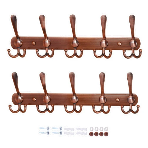 Dseap Wall Mounted Coat Rack - 5 Tri Hooks, Heavy Duty, Stainless Steel, Metal Coat Hook Rail for Coat Hat Towel Purse Robes Mudroom Bathroom Entryway (Antique Copper, 2 Packs)