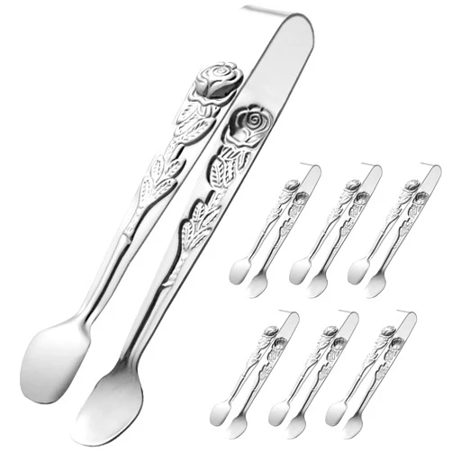 HINMAY Mini Serving Tongs 5-Inch Small Appetizer Tongs, Set of 6 (Silver)