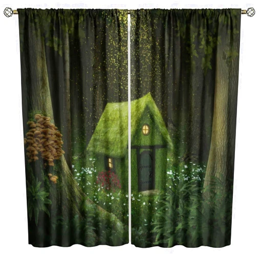 AMHSNIJI Fantasy Forest Curtain Small House Enchanted Magical Fairytale Glitter Rod Pocket Blackout Window Treatments for Bedroom Living Room Kitchen Cafe Office Decor （W21xL45 Inch） x2 Panels