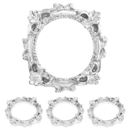 LOGOFUN 4pcs Mini Vintage Picture Frame Miniature Resin Photo Frames Tiny Round Picture Frame for DIY Craft Dollhpouse Decorations - Silver