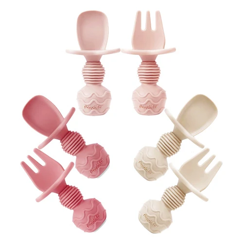 PandaEar 6 Pack Silicone Baby Spoons and Fork Feeding Set- Anti-Choke First Self Feeding Utensils for Baby Led Weaning Ages 3 Months -Pink