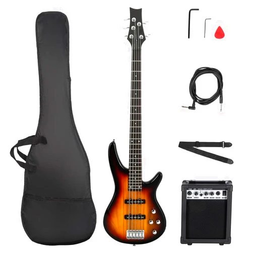 Ktaxon Electric Bass Guitar 5 String Bass Guitar with 20 Watt Amplifier, JB Type Pickup, Naturally air-dried Maple Neck, Rosewood Fretboard, Basswood Body(Sunset)