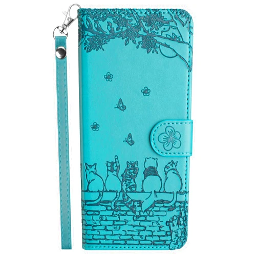 XYX Wallet Case for Samsung S23, PU Leather Flip Protective Phone Case Card Slots Emboss Cat Flower Case with Wrist Strap for Galaxy S23 5G, Blue