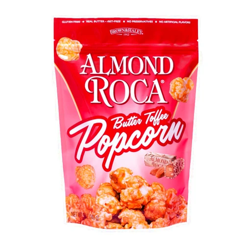 Roca Almond Roca Butter Toffee Flavored Popcorn - 5oz Snack Bag - Sweet Crunchy Kettle Popped Popcorn with Buttery Toffee & Almonds - Gluten Free Snacks, Kosher, No Preservatives