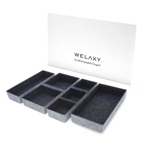 Welaxy Deluxe drawer organizers trays multi-purpose storage box junk bins for kitchen bedroom bathroom nightstand holder luxury 7-piece Style B (Charcoal)