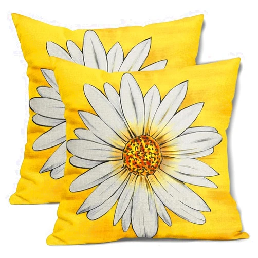 Aportt Summer Daisy Floral Pillow Covers 18X18 Inch Set of 2 White Petal Flower Bloom Decorative Pillow Cases Yellow Seasonal Cotton Linen Cushion Case Farmhouse Home Decor for Sofa Couch Porch Outdoor