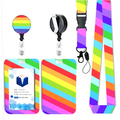 ACLEGTWEI Id Badge Holder with Lanyard,Rainbow Stripe Retractable Badge Holders Reels,Breakaway Lanyards for ID Badges,Cute Fashion Key Chain Keychains,Badge Clips for School Office Teen Kids 2